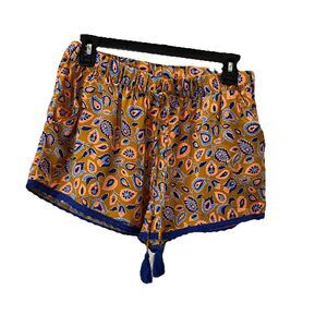 Aerie Paisley Gold Navy Pull On Sleep Shorts Tassels Drawstring Womens Size M